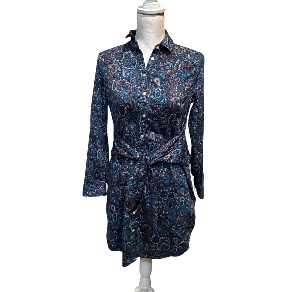 UNTUCKIT Women's Blue Paisley Madeline Shirt Dress Size 4 Tie Waist‎ cotton